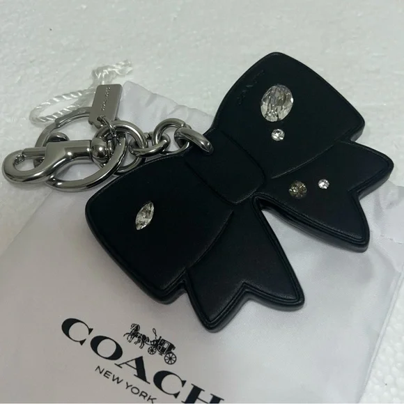 COACH Bow Bag Charm Gem Ribbon Black Leather - Picture 3 of 4